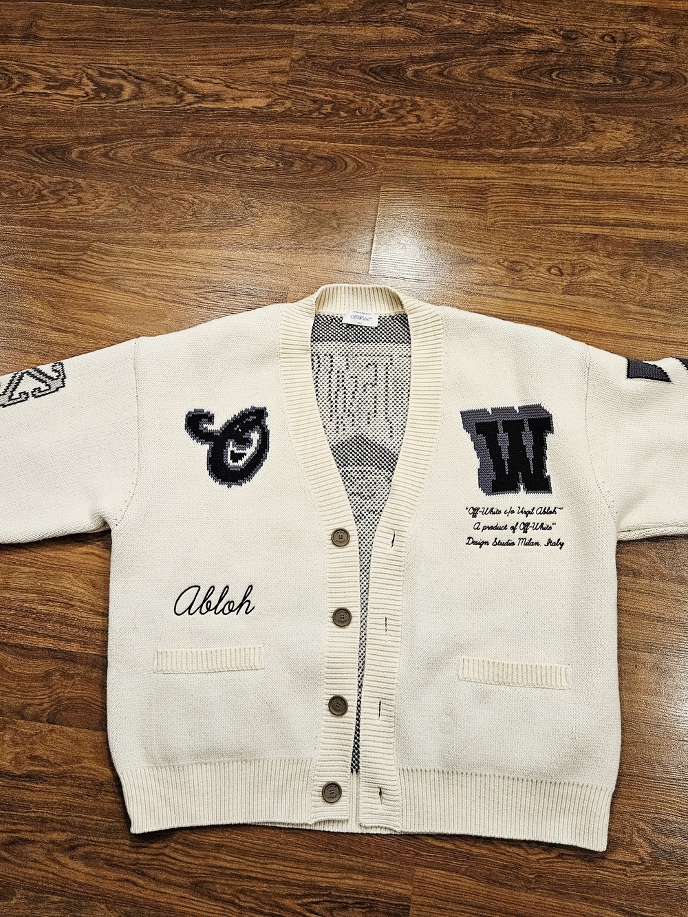 Off-White Cream Logo Patch Cardigan Sweater